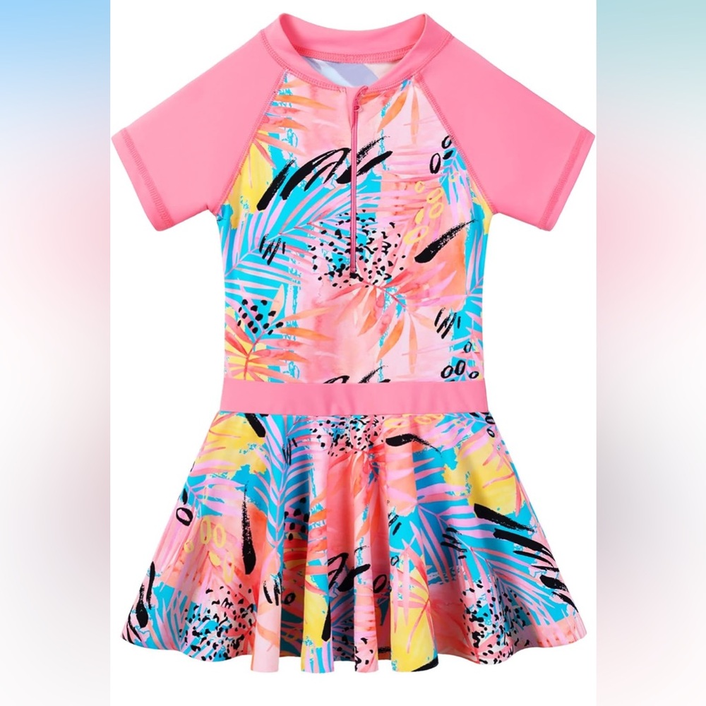 🚘Pink and Blue floral Rash guard Swim dress with Short Sleeves one piece
